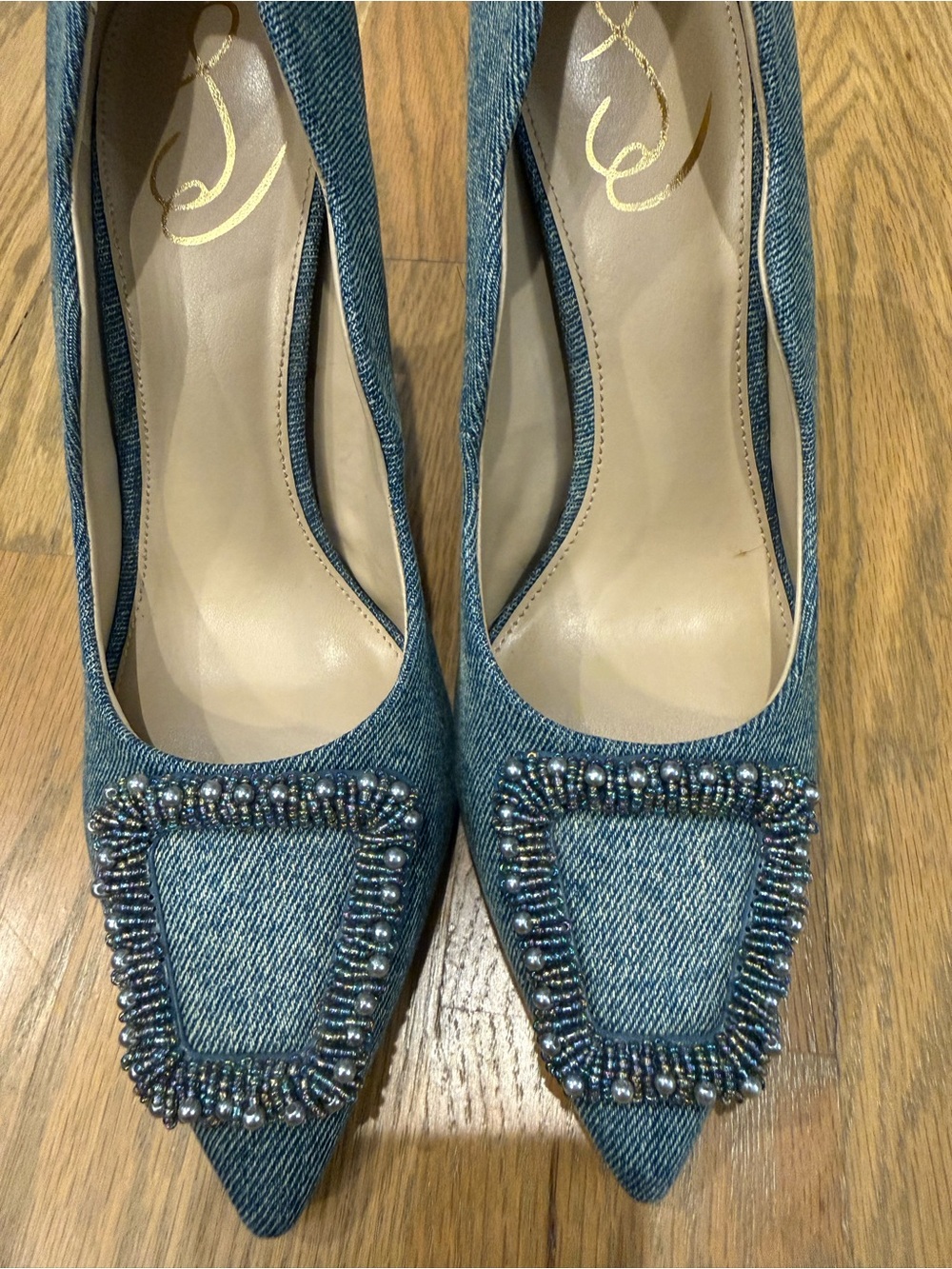 Brand New Sam Edelman Denim Blue Pointed Toe Pumps with Beaded Square Accent